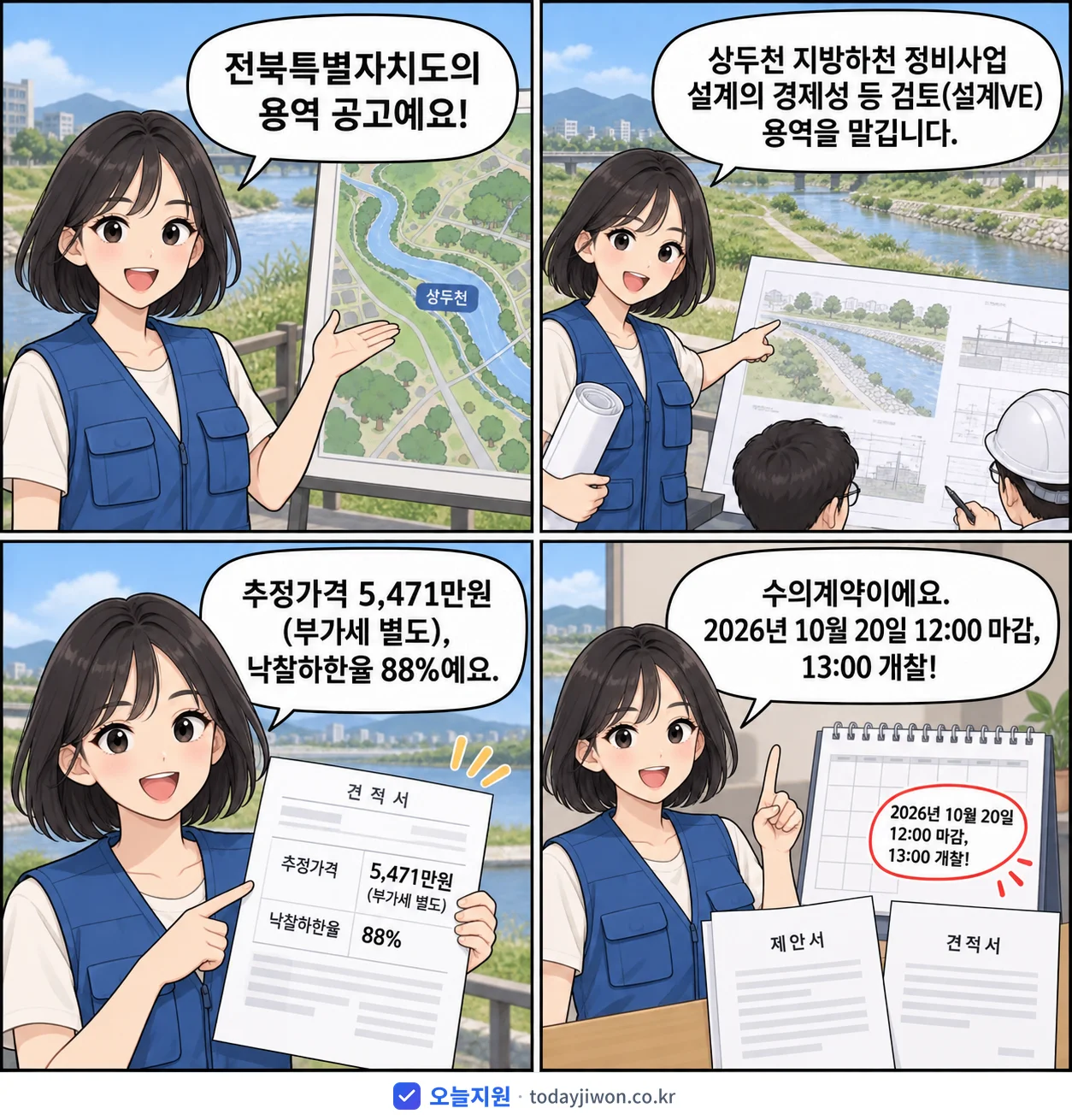 4컷 만화로 보는 공고: 전북특별자치도 '상두천 지방하천 정비사업 설계의 경제성 등 검토(설계VE) 용역', 추정가격 5,471만원, 입찰 마감 10/20 12:00