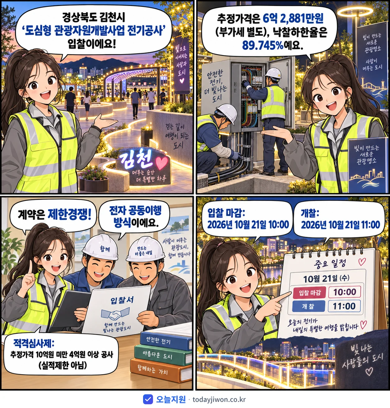 4컷 만화로 보는 공고: 경상북도 김천시 '도심형 관광자원개발사업 전기공사', 추정가격 6억 2,881만원, 입찰 마감 10/21 10:00