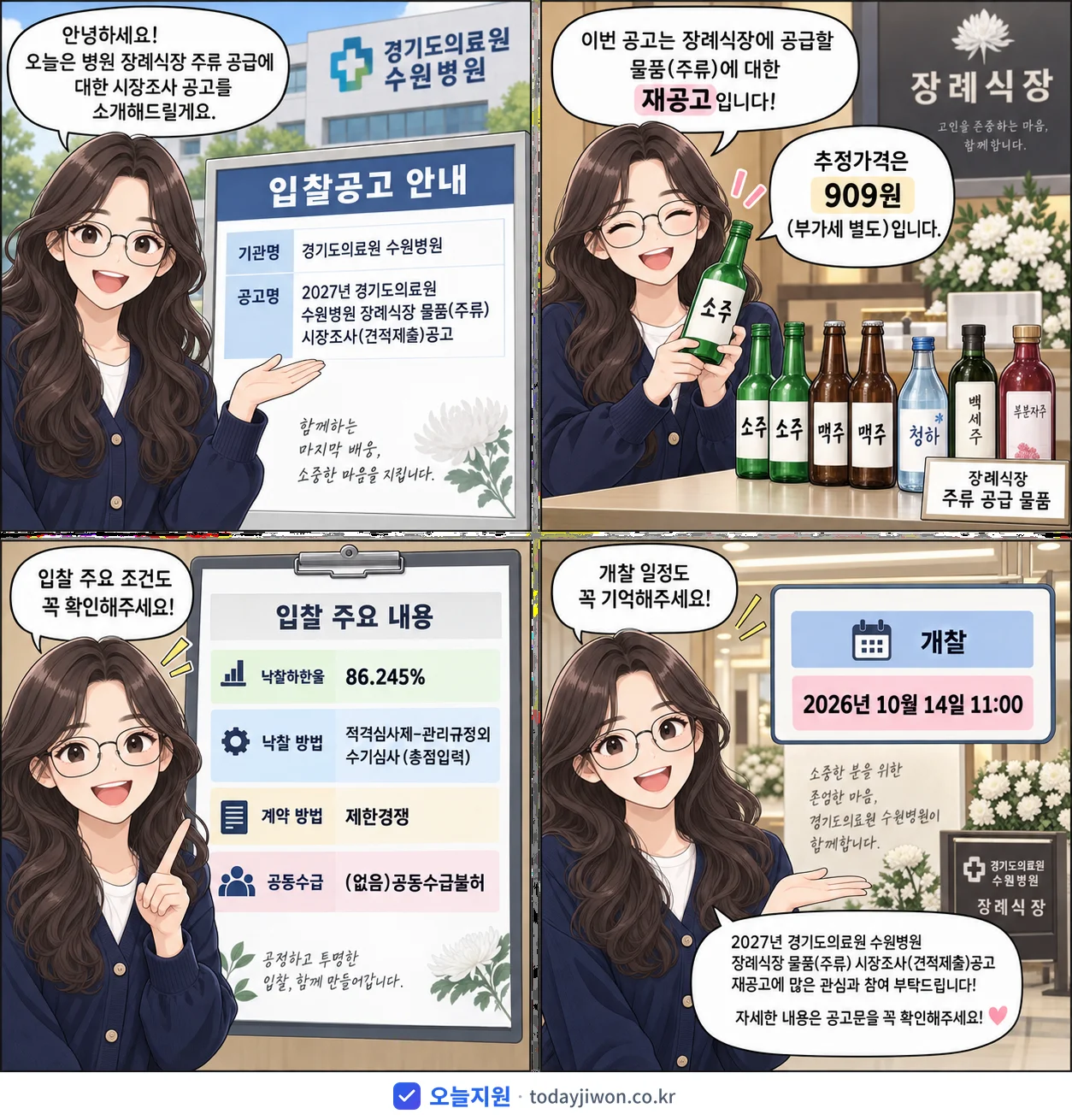 4컷 만화로 보는 공고: 경기도의료원 수원병원 '경기도의료원 수원병원 장례식장 물품(주류) 시장조사(견적제출)공고', 추정가격 909원