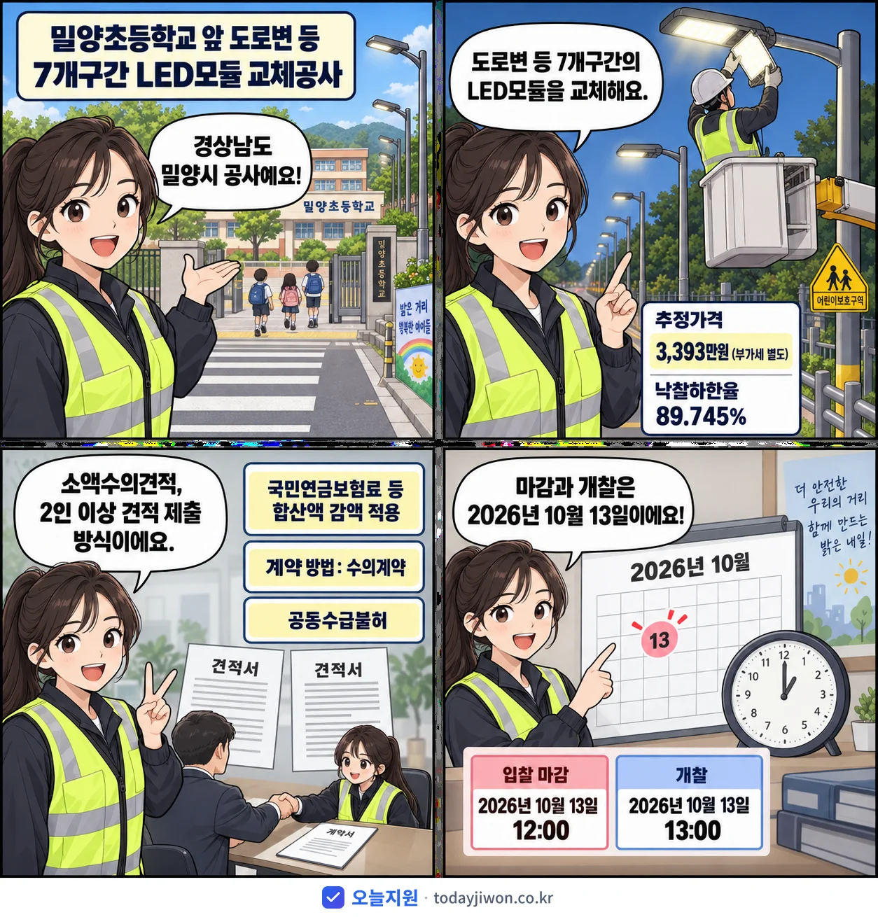 4컷 만화로 보는 공고: 경상남도 밀양시 '밀양초등학교 앞 도로변 등 7개구간 LED모듈 교체공사', 추정가격 3,393만원, 입찰 마감 10/13 12:00