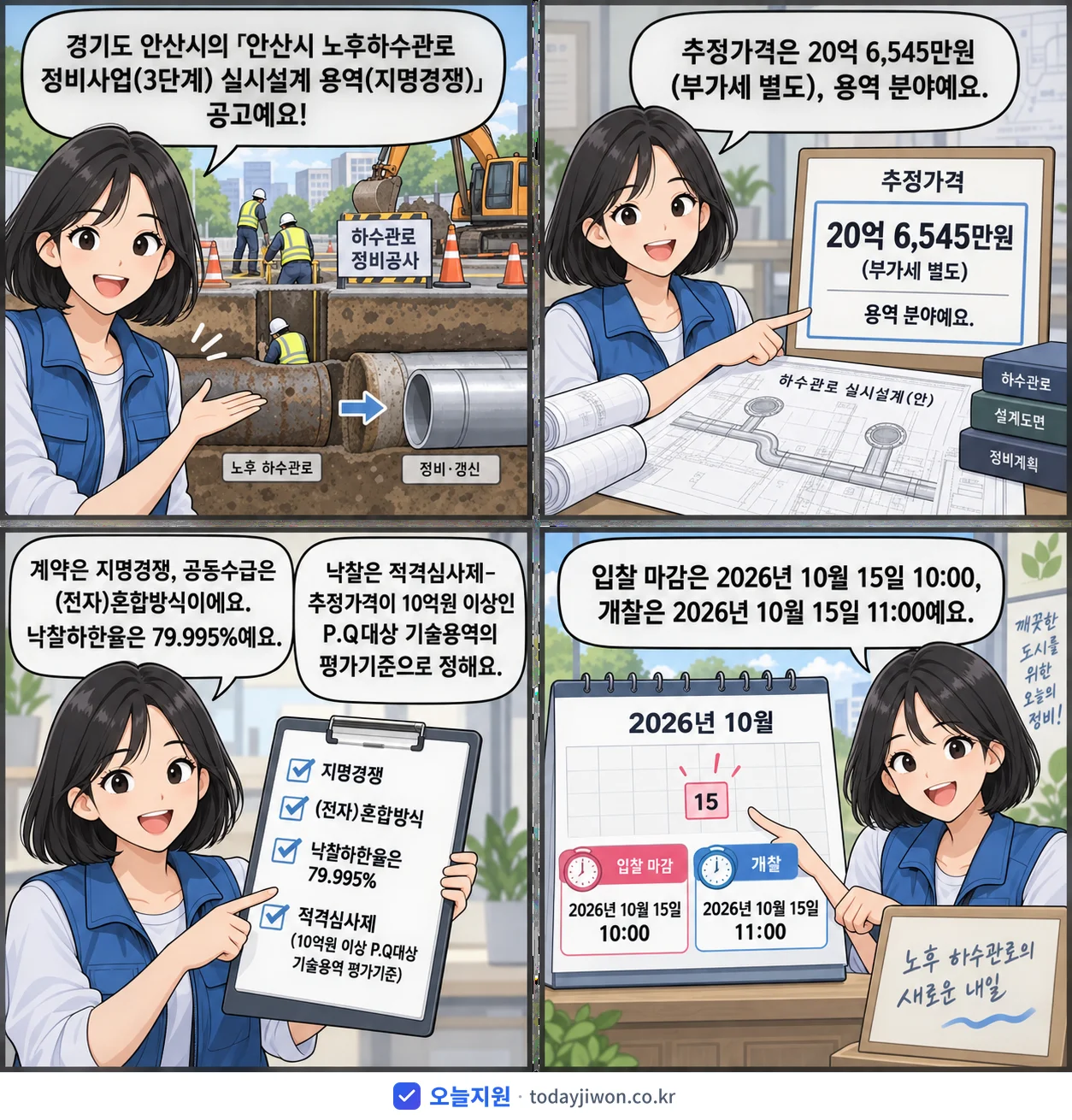 4컷 만화로 보는 공고: 경기도 안산시 '안산시 노후하수관로 정비사업(3단계) 실시설계 용역(지명경쟁)', 추정가격 20억 6,545만원, 입찰 마감 10/15 10:00