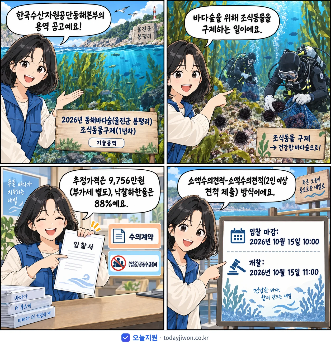 4컷 만화로 보는 공고: 한국수산자원공단동해본부 '동해바다숲(울진군 봉평리) 조식동물구제(1년차)', 추정가격 9,756만원, 입찰 마감 10/15 10:00