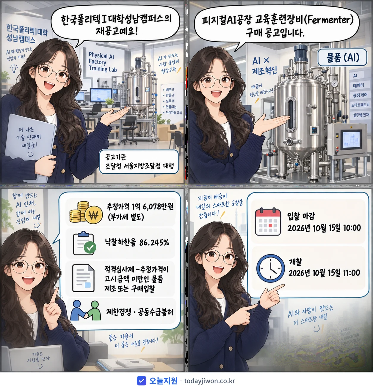 4컷 만화로 보는 공고: 한국폴리텍I대학성남캠퍼스 '피지컬AI공장 교육훈련장비(Fermenter) 구매', 추정가격 1억 6,078만원, 입찰 마감 10/15 10:00