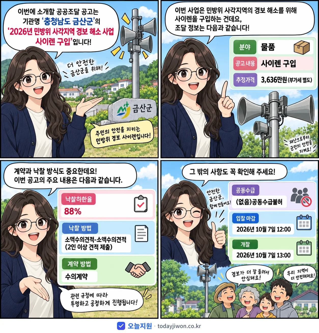 4컷 만화로 보는 공고: 충청남도 금산군 '민방위 사각지역 경보 해소 사업 사이렌 구입', 추정가격 3,636만원, 입찰 마감 10/7 12:00