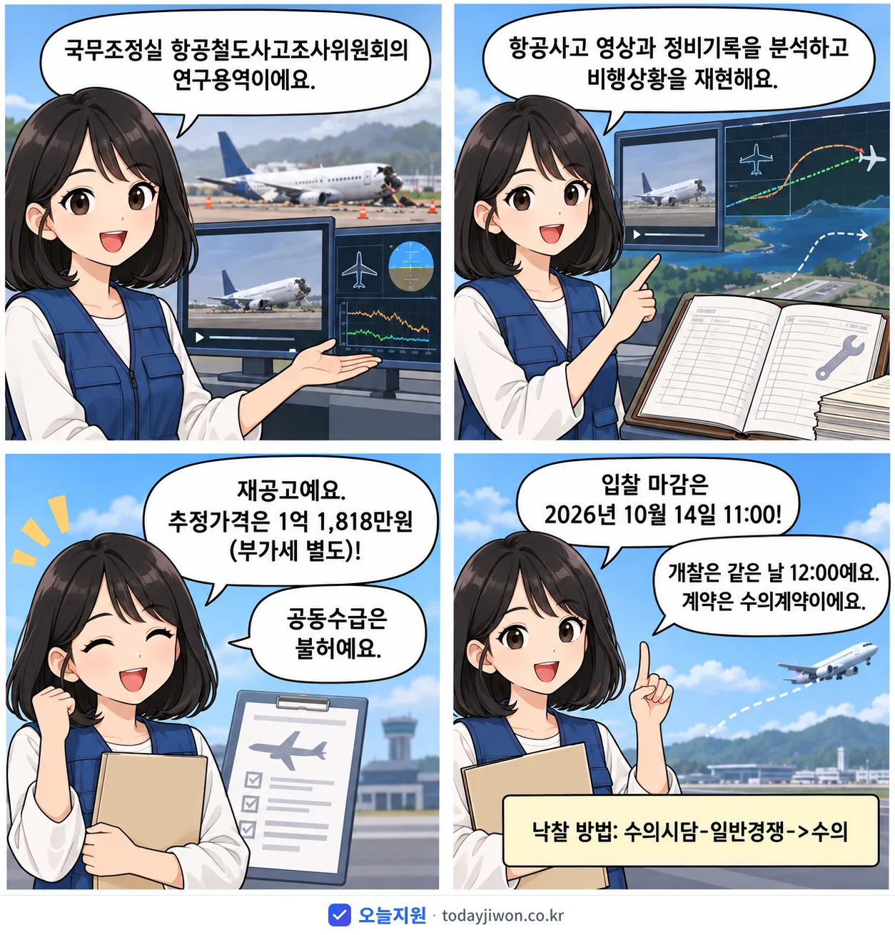 4컷 만화로 보는 공고: 국무조정실 항공철도사고조사위원회 '항공사고 영상 및 정비기록의 분석과 비행상황 재현에 관한 연구용역', 추정가격 1억 1,818만원, 입찰 마감 10/14 11:00