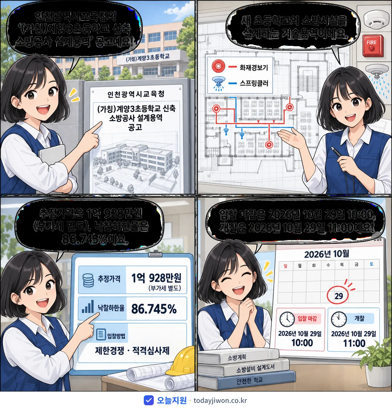 4컷 만화로 보는 공고: 인천광역시교육청 '(가칭)계양3초등학교 신축 소방공사 설계용역', 추정가격 1억 928만원, 입찰 마감 10/29 10:00