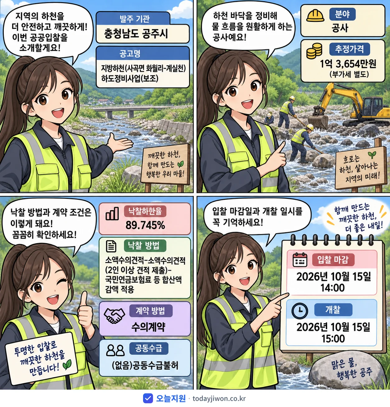 4컷 만화로 보는 공고: 충청남도 공주시 '지방하천(사곡면 화월리-계실천) 하도정비사업(보조)', 추정가격 1억 3,654만원, 입찰 마감 10/15 14:00