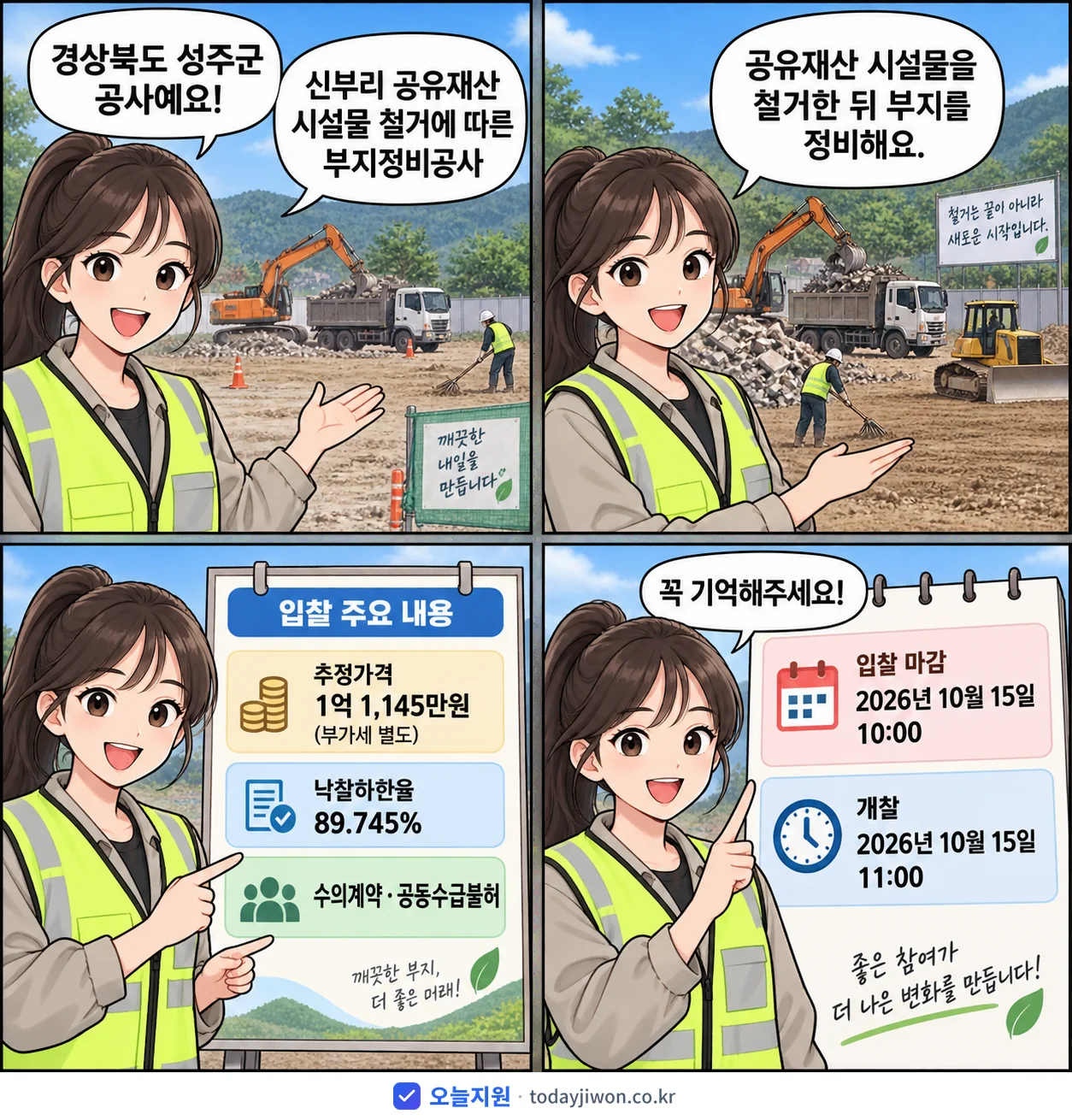 4컷 만화로 보는 공고: 경상북도 성주군 '신부리 공유재산 시설물 철거에 따른 부지정비공사', 추정가격 1억 1,145만원, 입찰 마감 10/15 10:00