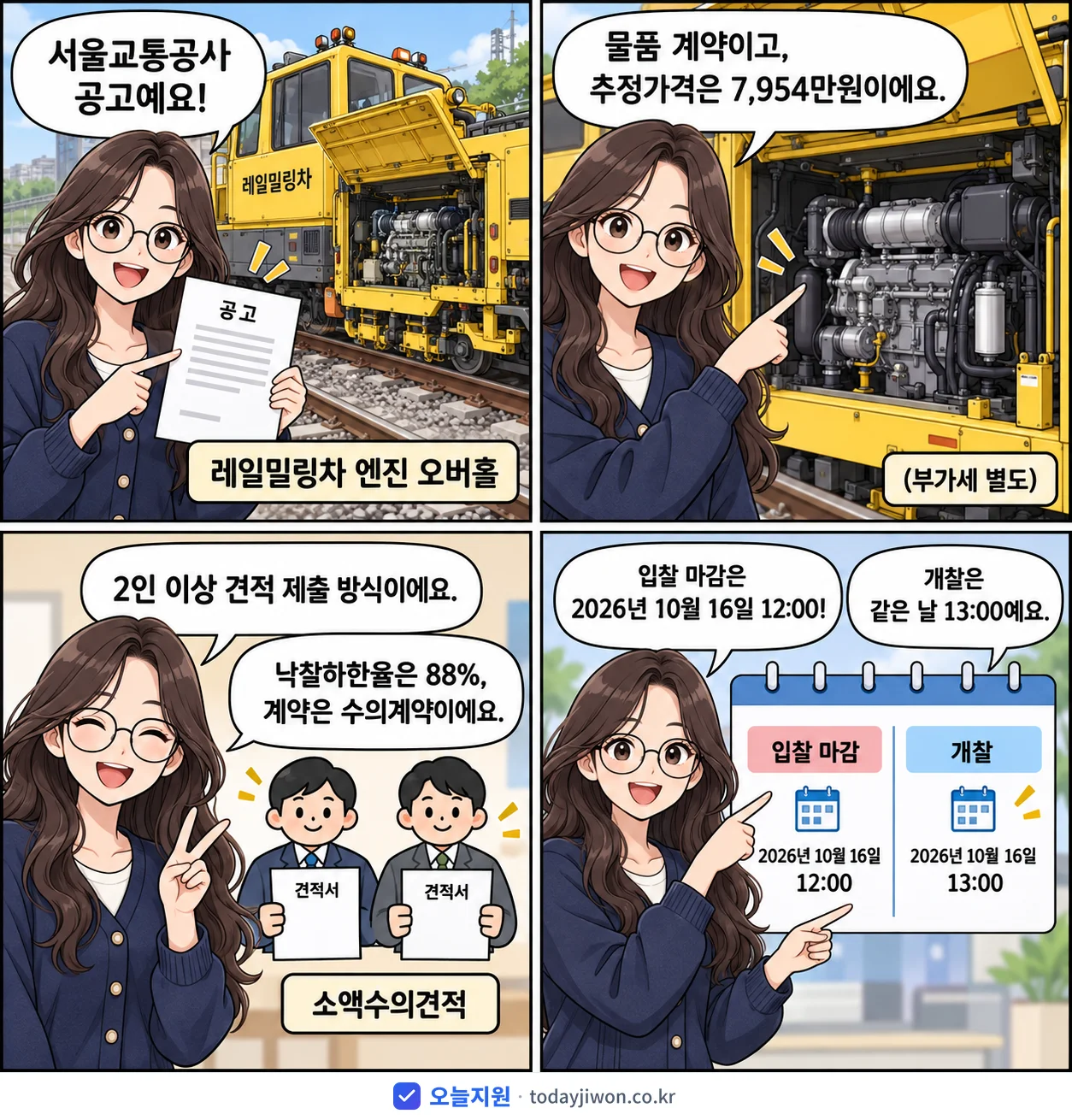 4컷 만화로 보는 공고: 서울교통공사 '레일밀링차 엔진 오버홀', 추정가격 7,954만원, 입찰 마감 10/16 12:00