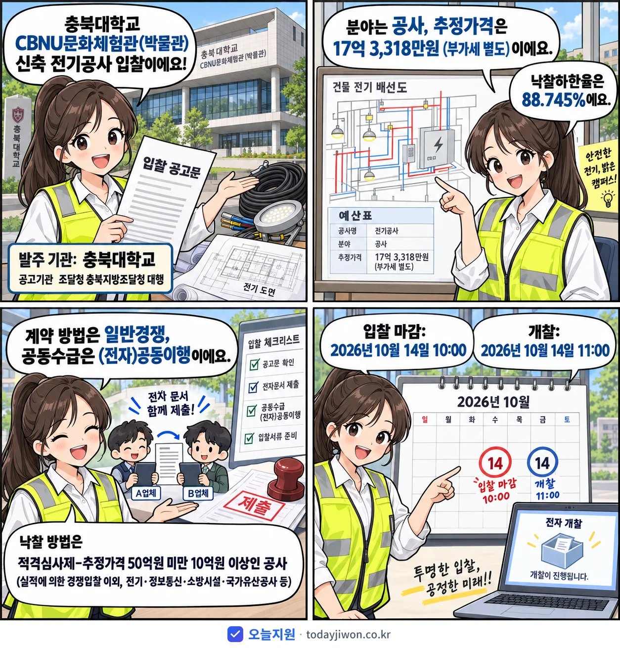 4컷 만화로 보는 공고: 충북대학교 '충북대학교 CBNU문화체험관(박물관) 신축 전기공사', 추정가격 17억 3,318만원, 입찰 마감 10/14 10:00