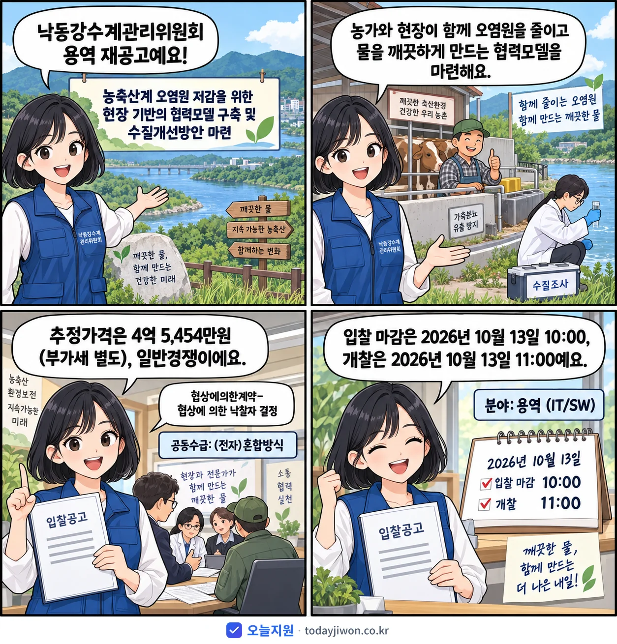 4컷 만화로 보는 공고: 낙동강수계관리위원회 '농축산계 오염원 저감을 위한 현장 기반의 협력모델 구축 및 수질개선방안…', 추정가격 4억 5,454만원, 입찰 마감 10/13 10:00
