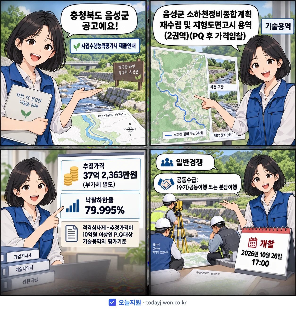 4컷 만화로 보는 공고: 충청북도 음성군 '사업수행능력평가서 제출안내(음성군 소하천정비종합계획 재수립 및 지형도면…', 추정가격 37억 2,363만원