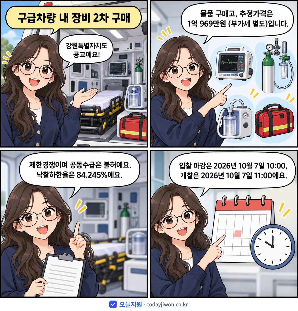 4컷 만화로 보는 공고: 강원특별자치도 '구급차량 내 장비 2차 구매', 추정가격 1억 969만원, 입찰 마감 10/7 10:00