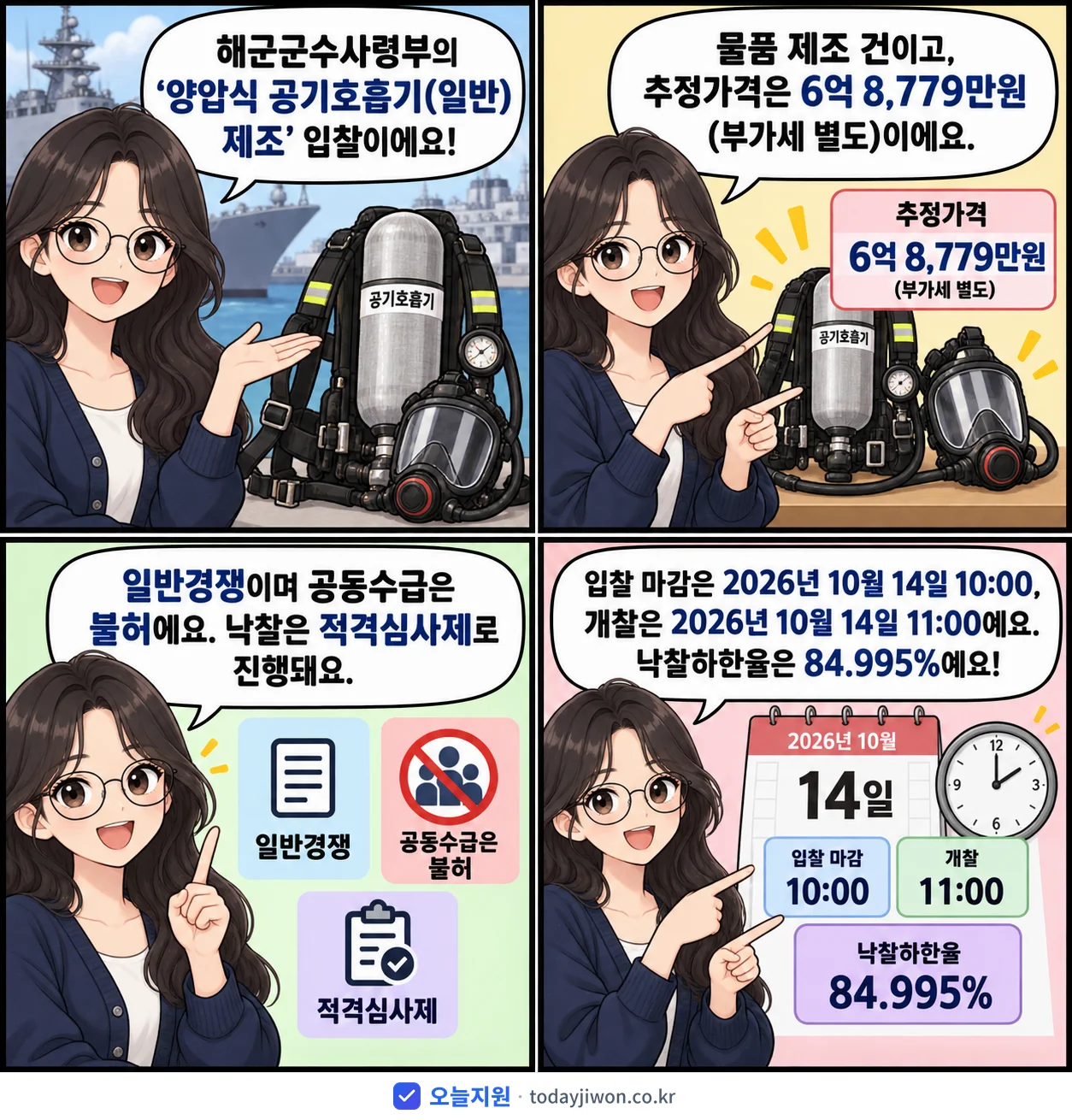 4컷 만화로 보는 공고: 해군군수사령부 '양압식 공기호흡기(일반) 제조', 추정가격 6억 8,779만원, 입찰 마감 10/14 10:00