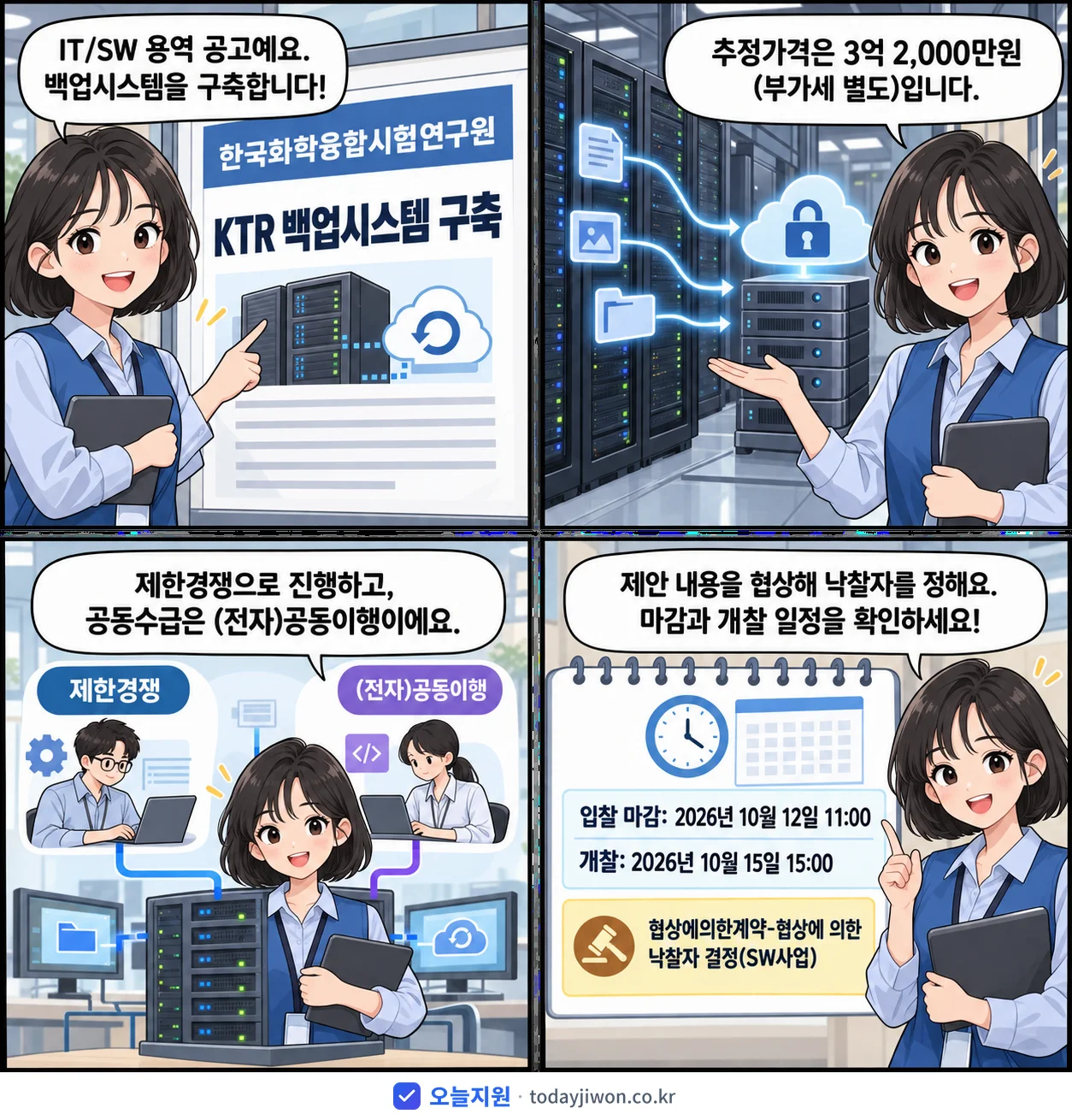 4컷 만화로 보는 공고: 한국화학융합시험연구원 'KTR 백업시스템 구축', 추정가격 3억 2,000만원, 입찰 마감 10/12 11:00