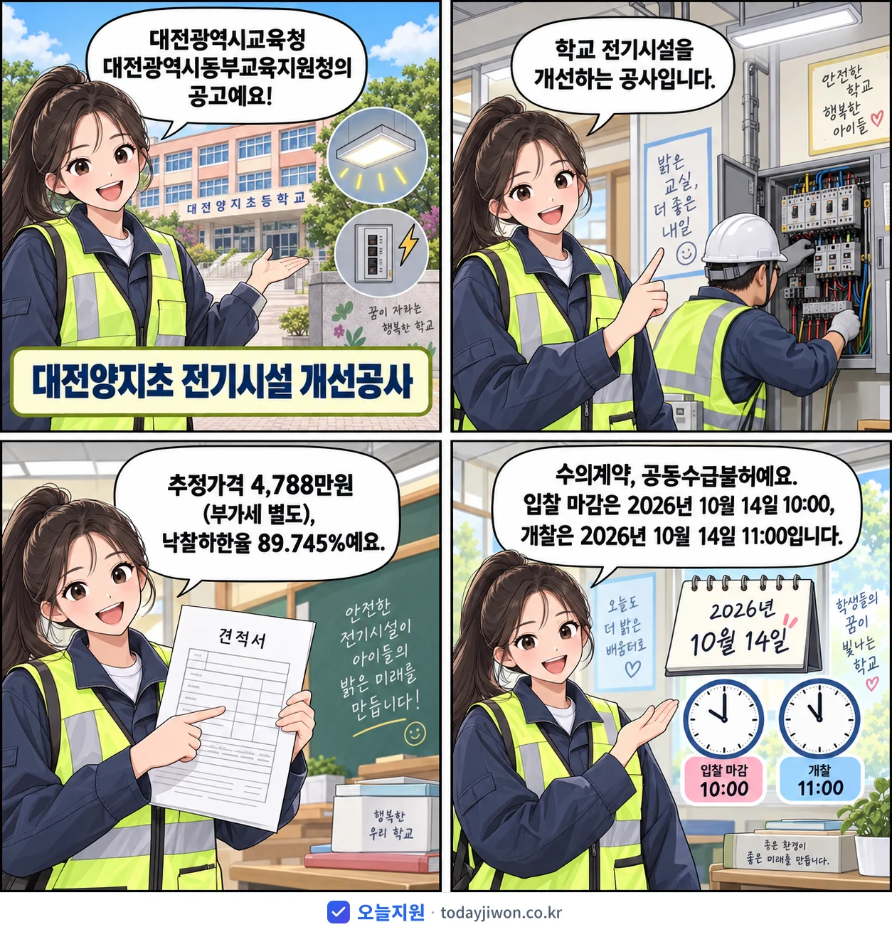 4컷 만화로 보는 공고: 대전광역시교육청 대전광역시동부교육지원청 '대전양지초 전기시설 개선공사', 추정가격 4,788만원, 입찰 마감 10/14 10:00