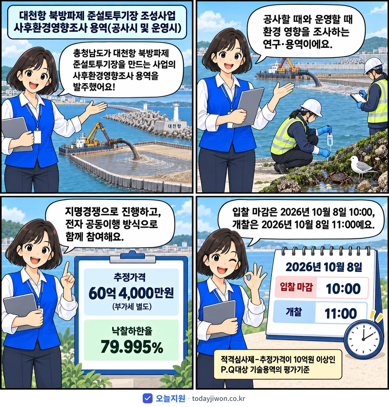 4컷 만화로 보는 공고: 충청남도 '대천항 북방파제 준설토투기장 조성사업 사후환경영향조사 용역(공사시 및…', 추정가격 60억 4,000만원, 입찰 마감 10/8 10:00