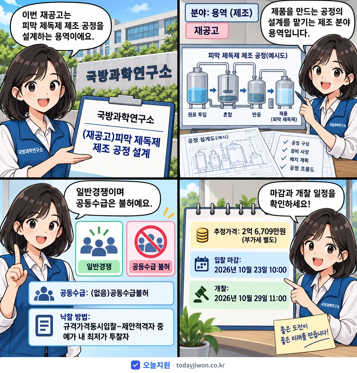 4컷 만화로 보는 공고: 국방과학연구소 '피막 제독제 제조 공정 설계', 추정가격 2억 6,709만원, 입찰 마감 10/23 10:00