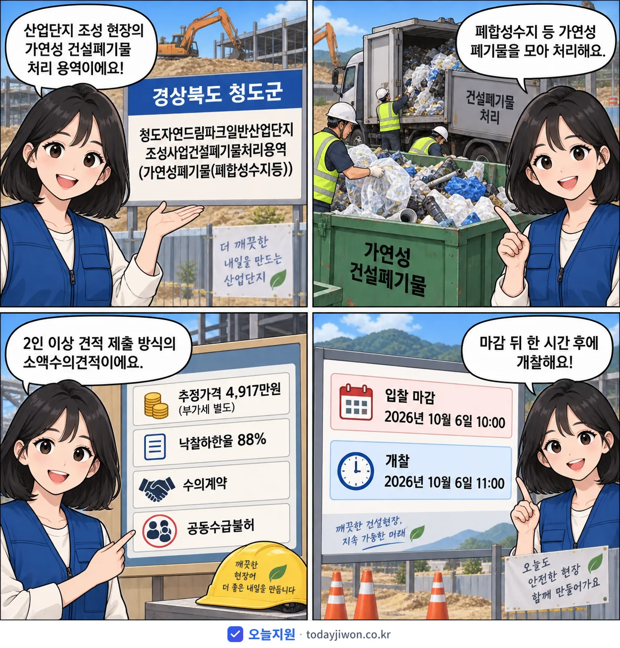 4컷 만화로 보는 공고: 경상북도 청도군 '청도자연드림파크일반산업단지조성사업건설폐기물처리용역(가연성폐기물(폐합성수…', 추정가격 4,917만원, 입찰 마감 10/6 10:00