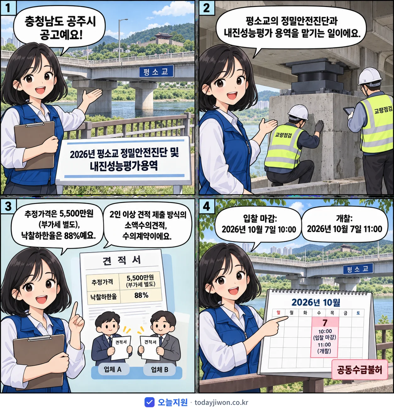 4컷 만화로 보는 공고: 충청남도 공주시 '평소교 정밀안전진단 및 내진성능평가용역', 추정가격 5,500만원, 입찰 마감 10/7 10:00