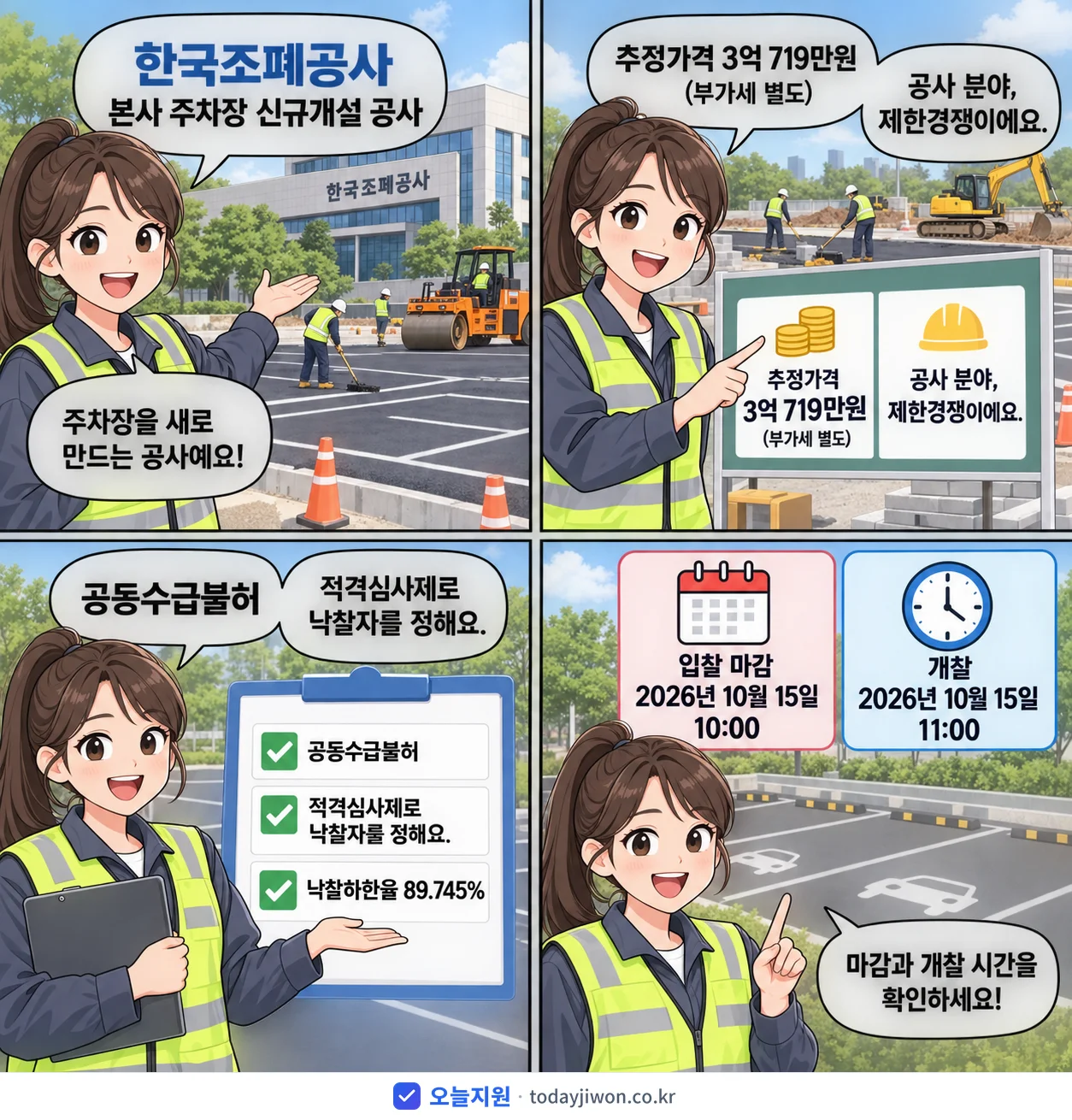 4컷 만화로 보는 공고: 한국조폐공사 '본사 주차장 신규개설 공사', 추정가격 3억 719만원, 입찰 마감 10/15 10:00