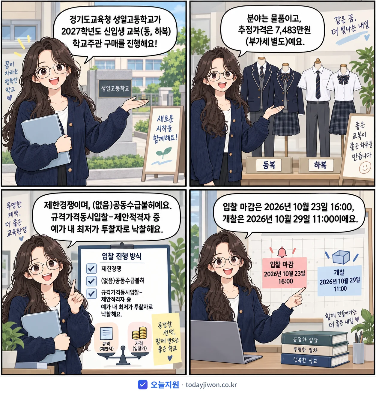 4컷 만화로 보는 공고: 경기도교육청 성일고등학교 '학년도 성일고등학교 신입생 교복(동, 하복) 학교주관 구매', 추정가격 7,483만원, 입찰 마감 10/23 16:00