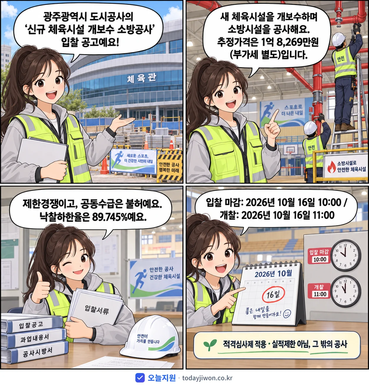 4컷 만화로 보는 공고: 광주광역시 도시공사 '신규 체육시설 개보수 소방공사', 추정가격 1억 8,269만원, 입찰 마감 10/16 10:00