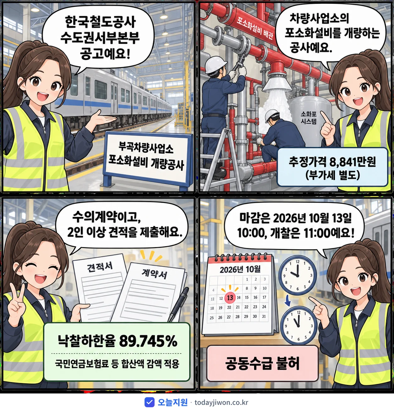 4컷 만화로 보는 공고: 한국철도공사 수도권서부본부 '부곡차량사업소 포소화설비 개량공사', 추정가격 8,841만원, 입찰 마감 10/13 10:00
