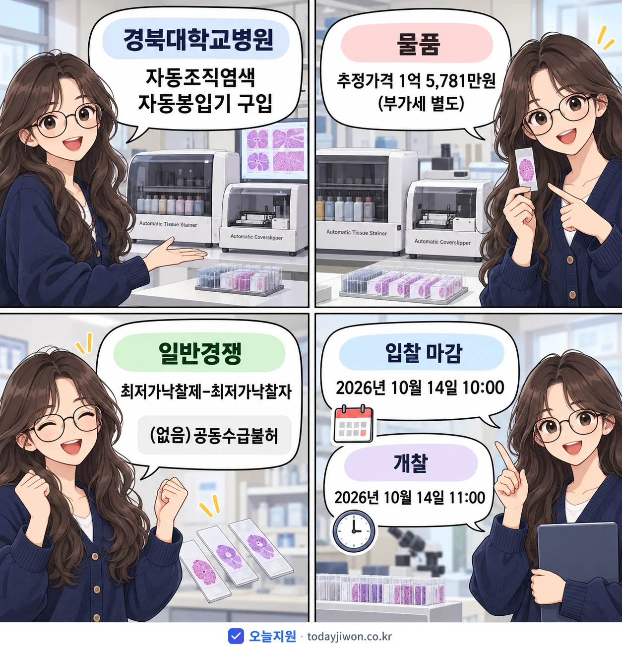 4컷 만화로 보는 공고: 경북대학교병원 '자동조직염색 자동봉입기 구입', 추정가격 1억 5,781만원, 입찰 마감 10/14 10:00