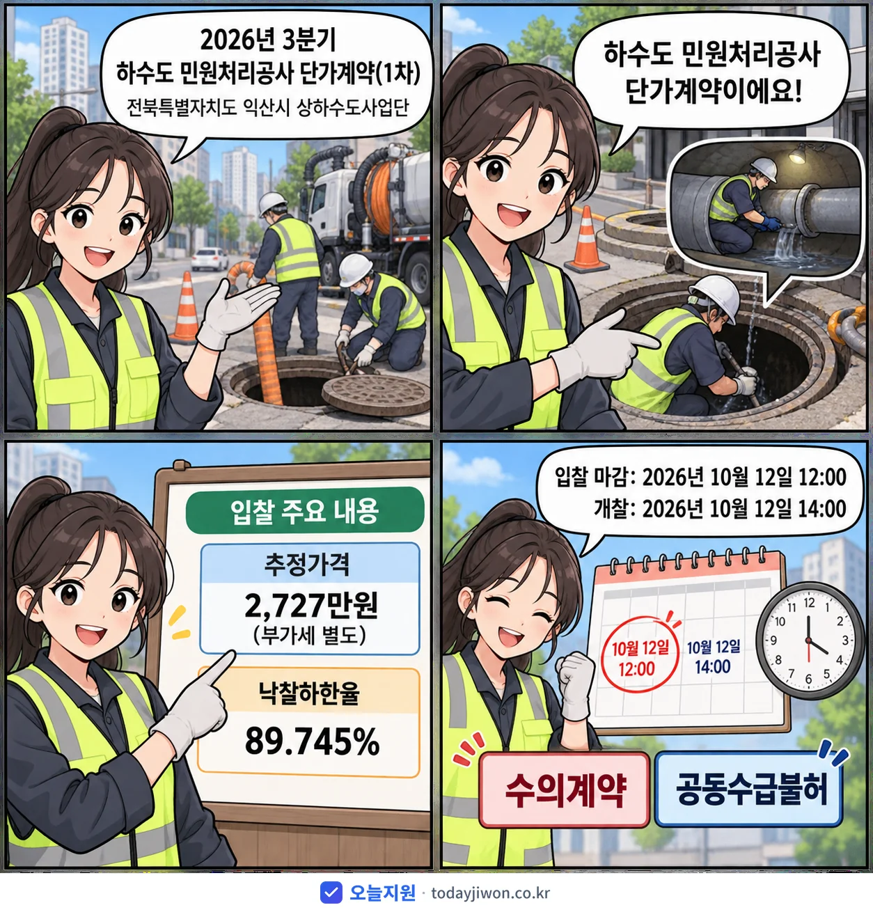 4컷 만화로 보는 공고: 전북특별자치도 익산시 상하수도사업단 '3분기 하수도 민원처리공사 단가계약(1차)', 추정가격 2,727만원, 입찰 마감 10/12 12:00