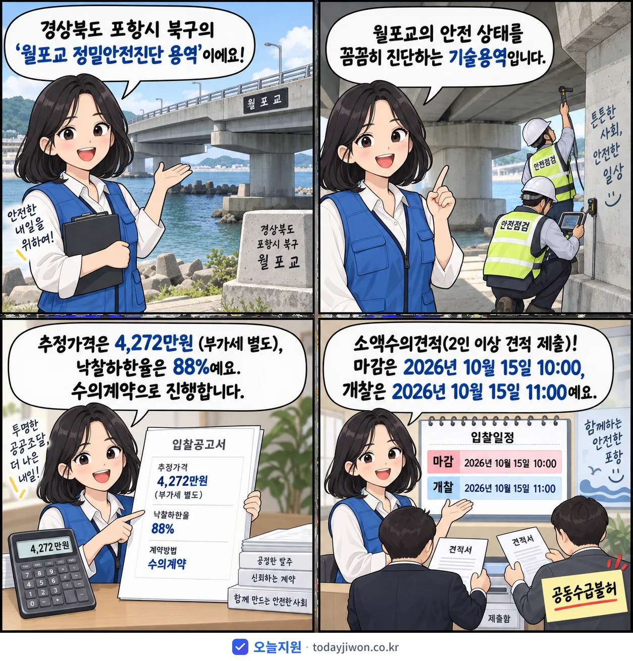 4컷 만화로 보는 공고: 경상북도 포항시 북구 '월포교 정밀안전진단 용역', 추정가격 4,272만원, 입찰 마감 10/15 10:00