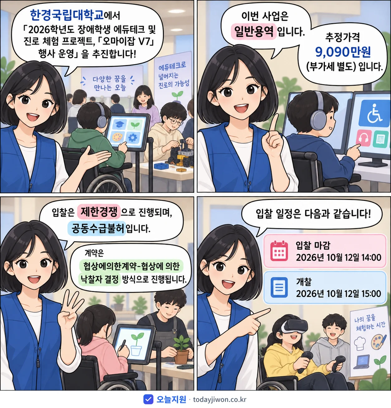 4컷 만화로 보는 공고: 한경국립대학교 '학년도 장애학생 에듀테크 및 진로 체험 프로젝트, 「오마이잡 V7」 행…', 추정가격 9,090만원, 입찰 마감 10/12 14:00