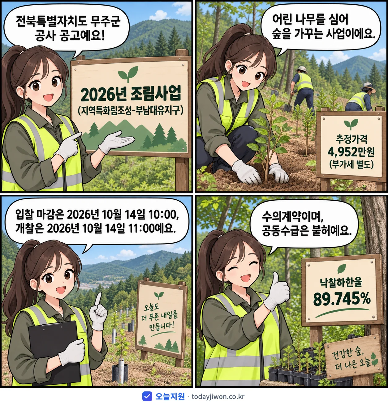 4컷 만화로 보는 공고: 전북특별자치도 무주군 '조림사업 (지역특화림조성-부남대유지구)', 추정가격 4,952만원, 입찰 마감 10/14 10:00