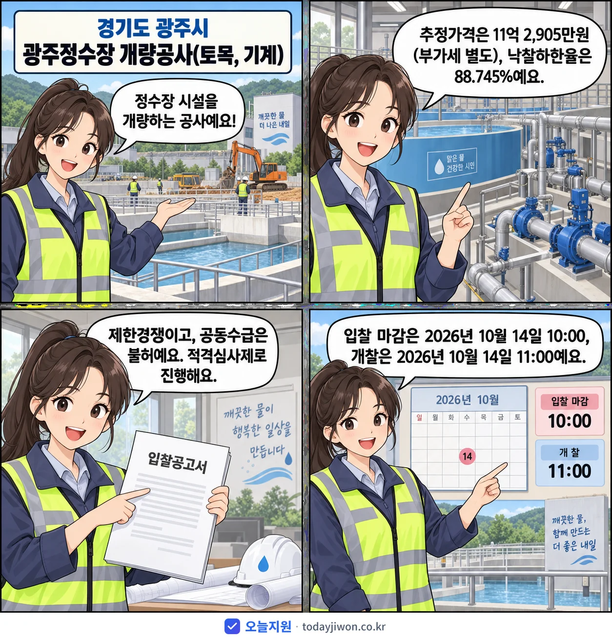 4컷 만화로 보는 공고: 경기도 광주시 '광주정수장 개량공사(토목, 기계)', 추정가격 11억 2,905만원, 입찰 마감 10/14 10:00