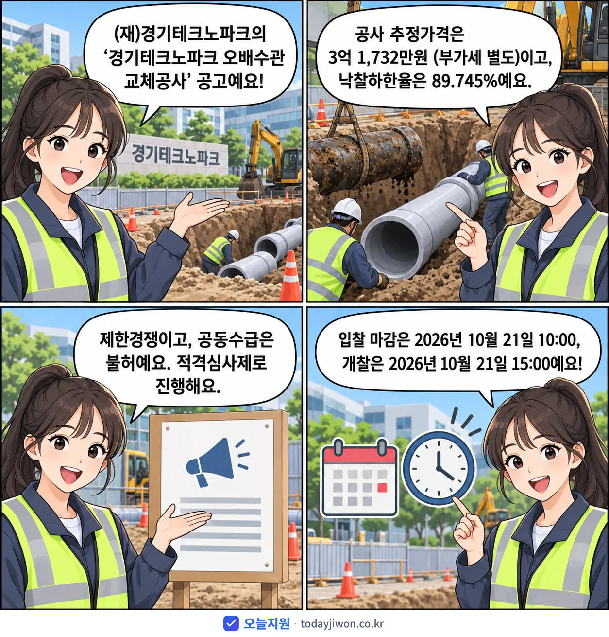 4컷 만화로 보는 공고: (재)경기테크노파크 '경기테크노파크 오배수관 교체공사', 추정가격 3억 1,732만원, 입찰 마감 10/21 10:00