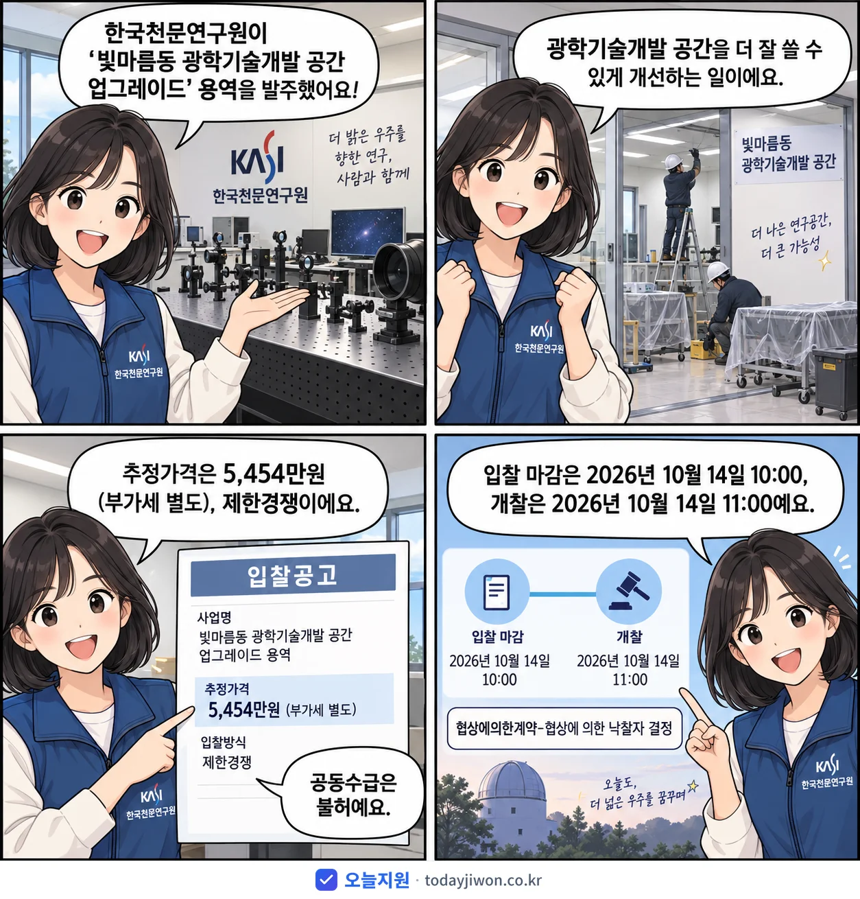 4컷 만화로 보는 공고: 한국천문연구원 '빛마름동 광학기술개발 공간 업그레이드', 추정가격 5,454만원, 입찰 마감 10/14 10:00