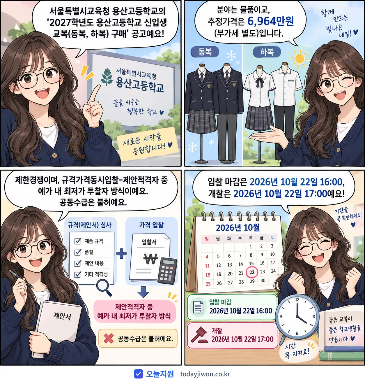 4컷 만화로 보는 공고: 서울특별시교육청 용산고등학교 '학년도 용산고등학교 신입생 교복(동복, 하복) 구매', 추정가격 6,964만원, 입찰 마감 10/22 16:00