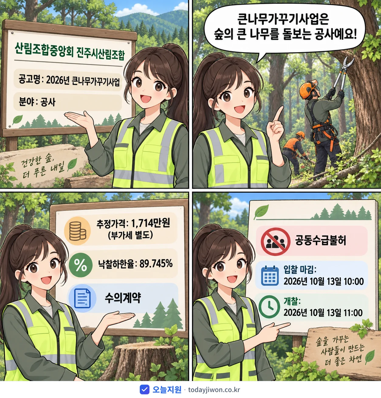 4컷 만화로 보는 공고: 산림조합중앙회 진주시산림조합 '큰나무가꾸기사업', 추정가격 1,714만원, 입찰 마감 10/13 10:00