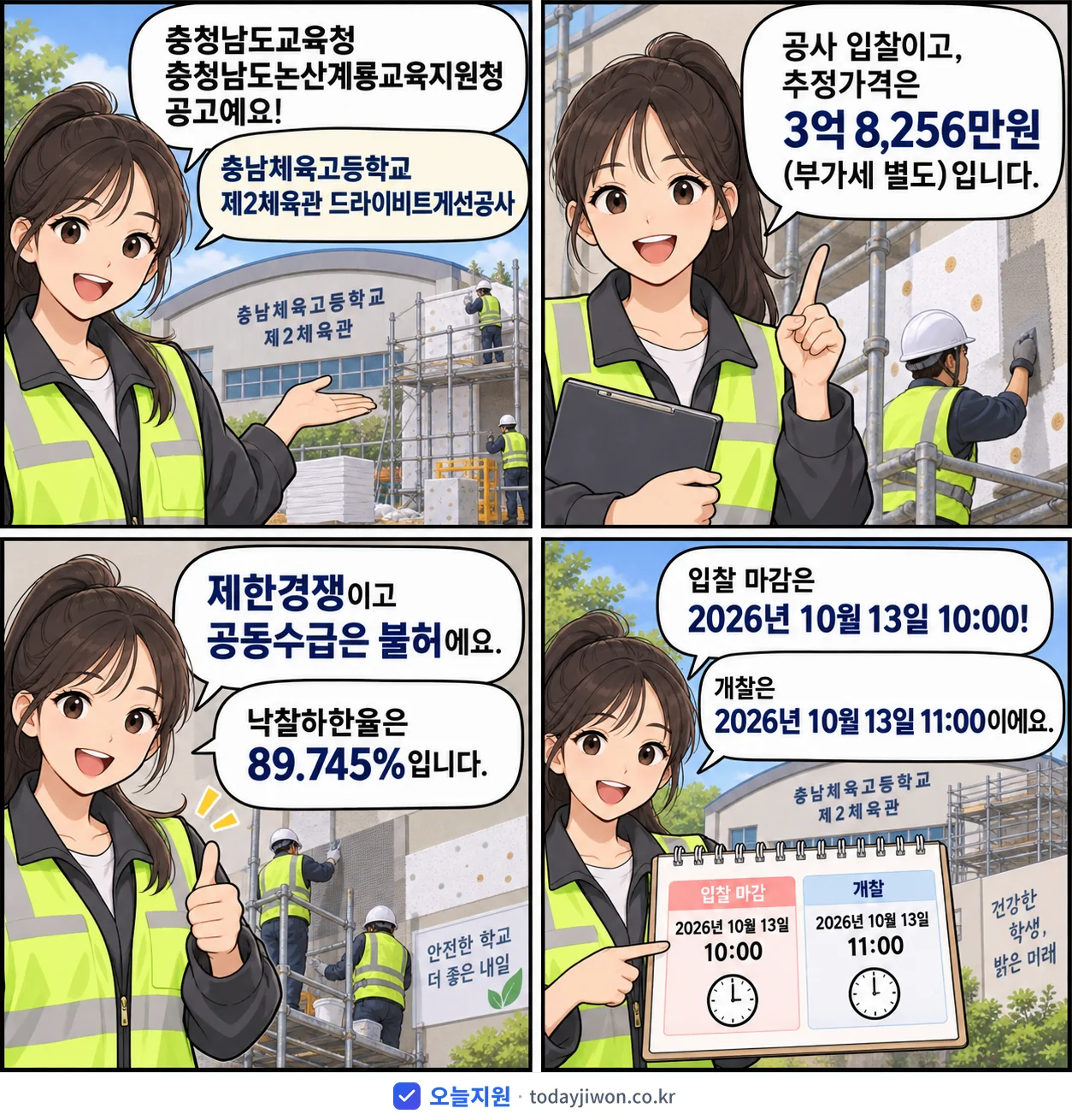 4컷 만화로 보는 공고: 충청남도교육청 충청남도논산계룡교육지원청 '충남체육고등학교 제2체육관 드라이비트개선공사', 추정가격 3억 8,256만원, 입찰 마감 10/13 10:00