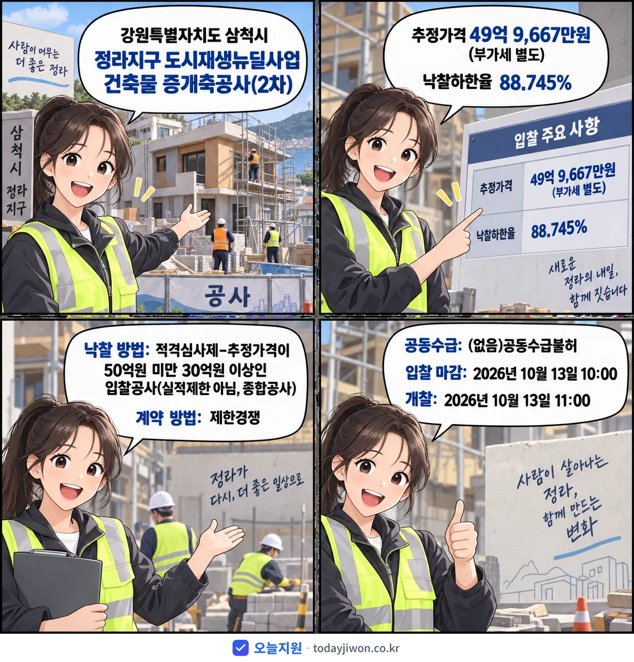 4컷 만화로 보는 공고: 강원특별자치도 삼척시 '정라지구 도시재생뉴딜사업 건축물 증개축공사(2차)', 추정가격 49억 9,667만원, 입찰 마감 10/13 10:00