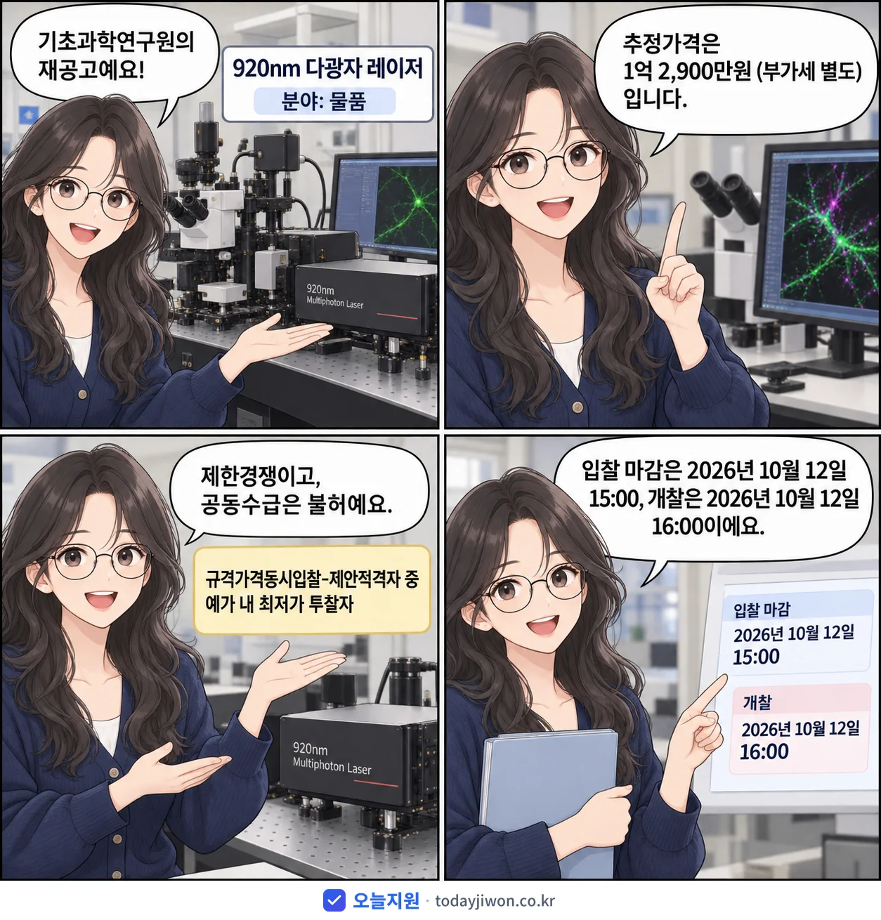 4컷 만화로 보는 공고: 기초과학연구원 '920nm 다광자 레이저', 추정가격 1억 2,900만원, 입찰 마감 10/12 15:00