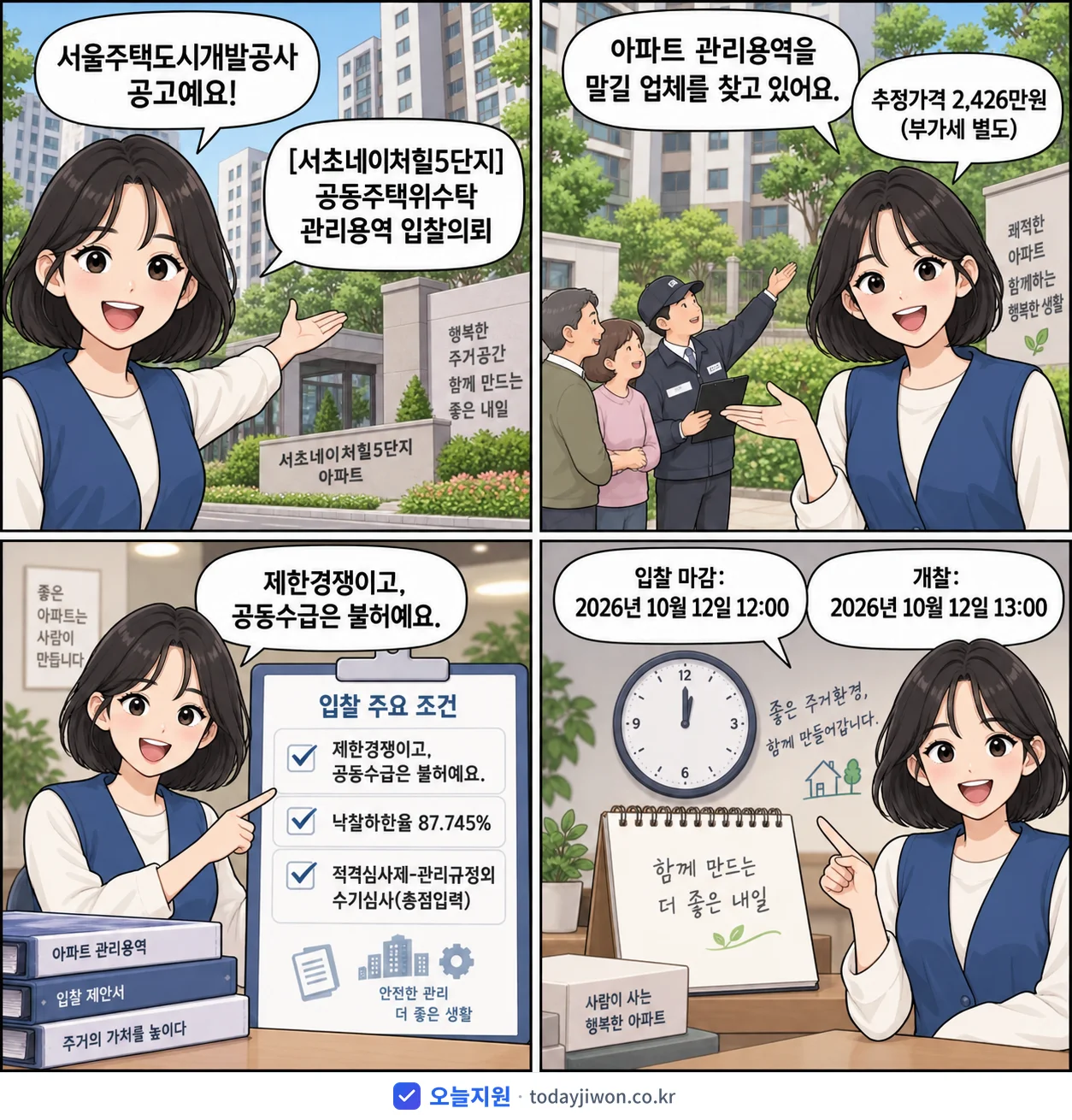 4컷 만화로 보는 공고: 서울주택도시개발공사 '공동주택위수탁 관리용역 입찰의뢰', 추정가격 2,426만원, 입찰 마감 10/12 12:00