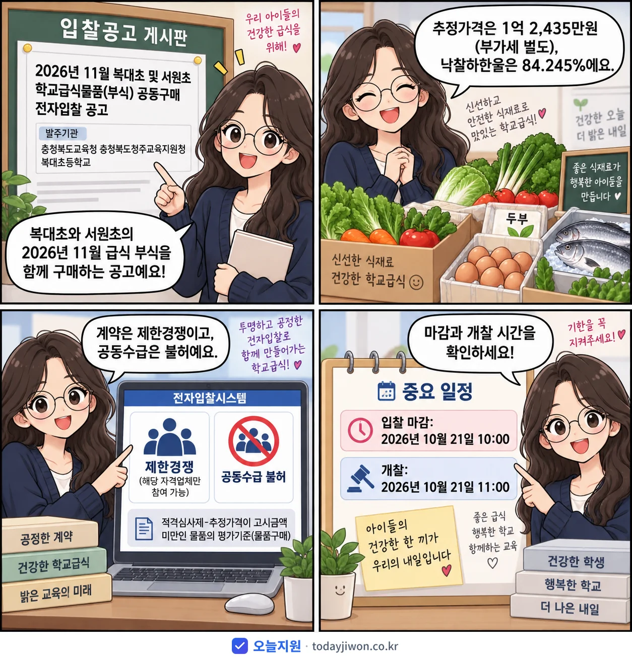 4컷 만화로 보는 공고: 충청북도교육청 충청북도청주교육지원청 복대초등학교 '11월 복대초 및 서원초 학교급식물품(부식) 공동구매 전자입찰 공고', 추정가격 1억 2,435만원, 입찰 마감 10/21 10:00