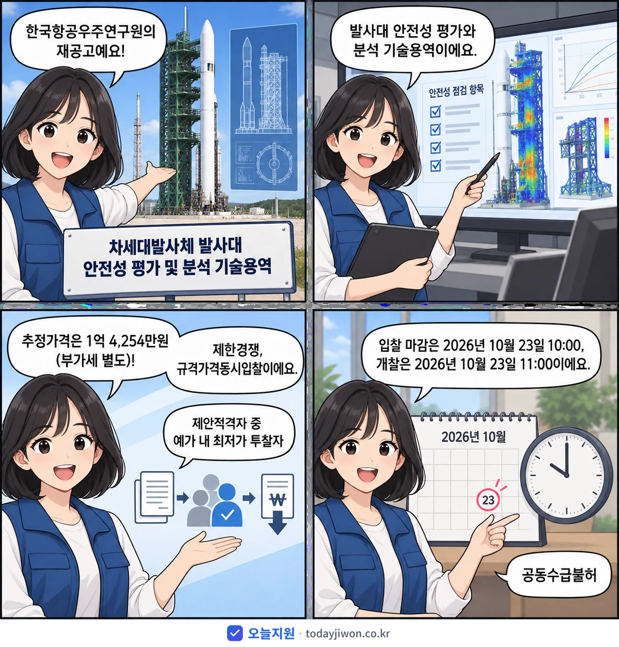 4컷 만화로 보는 공고: 한국항공우주연구원 '차세대발사체 발사대 안전성 평가 및 분석 기술용역', 추정가격 1억 4,254만원, 입찰 마감 10/23 10:00