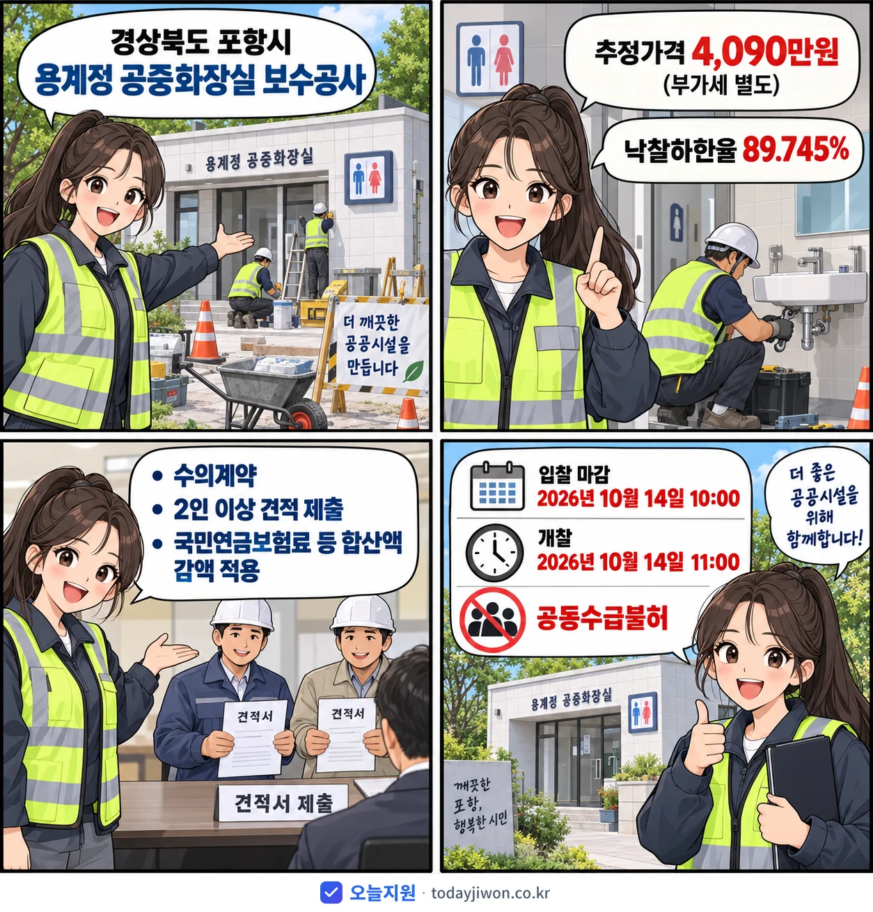 4컷 만화로 보는 공고: 경상북도 포항시 '용계정 공중화장실 보수공사', 추정가격 4,090만원, 입찰 마감 10/14 10:00