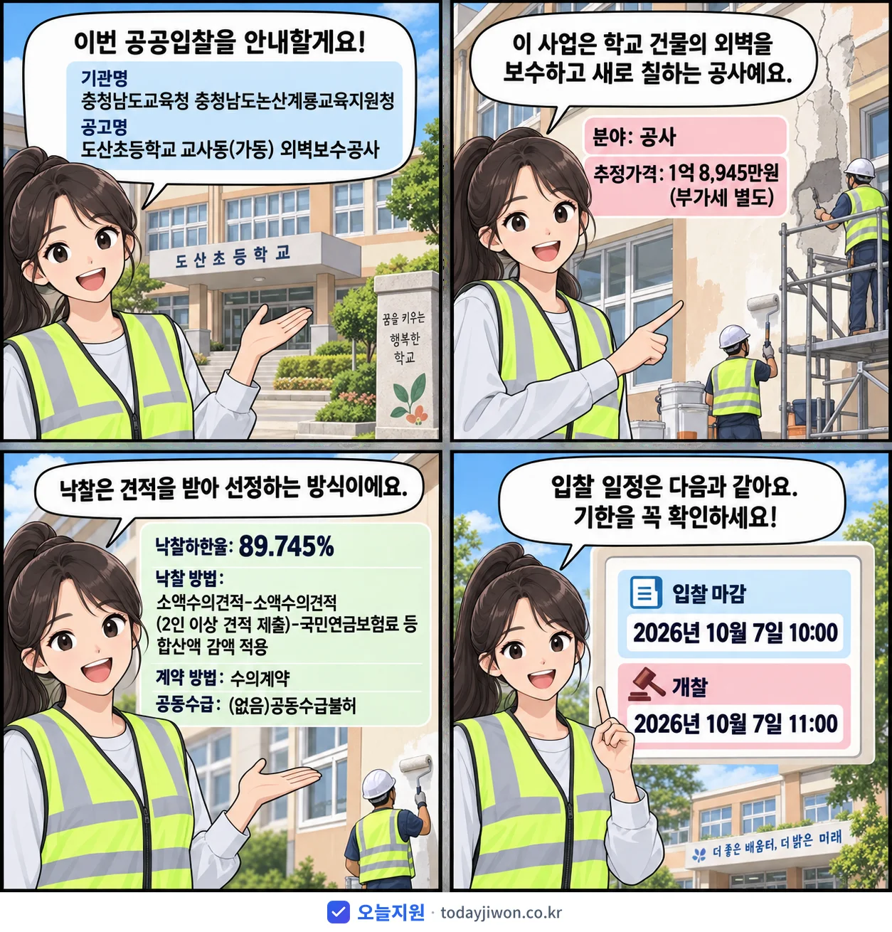 4컷 만화로 보는 공고: 충청남도교육청 충청남도논산계룡교육지원청 '도산초등학교 교사동(가동) 외벽보수공사', 추정가격 1억 8,945만원, 입찰 마감 10/7 10:00