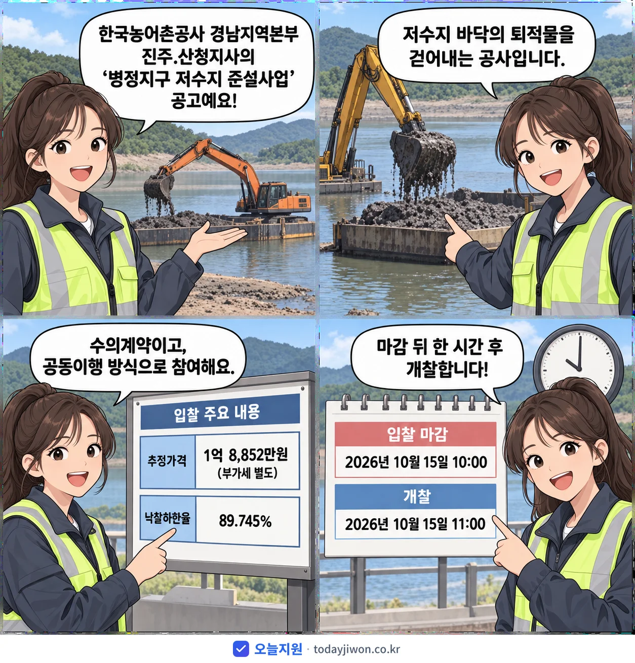 4컷 만화로 보는 공고: 한국농어촌공사 경남지역본부 진주.산청지사 '병정지구 저수지 준설사업', 추정가격 1억 8,852만원, 입찰 마감 10/15 10:00
