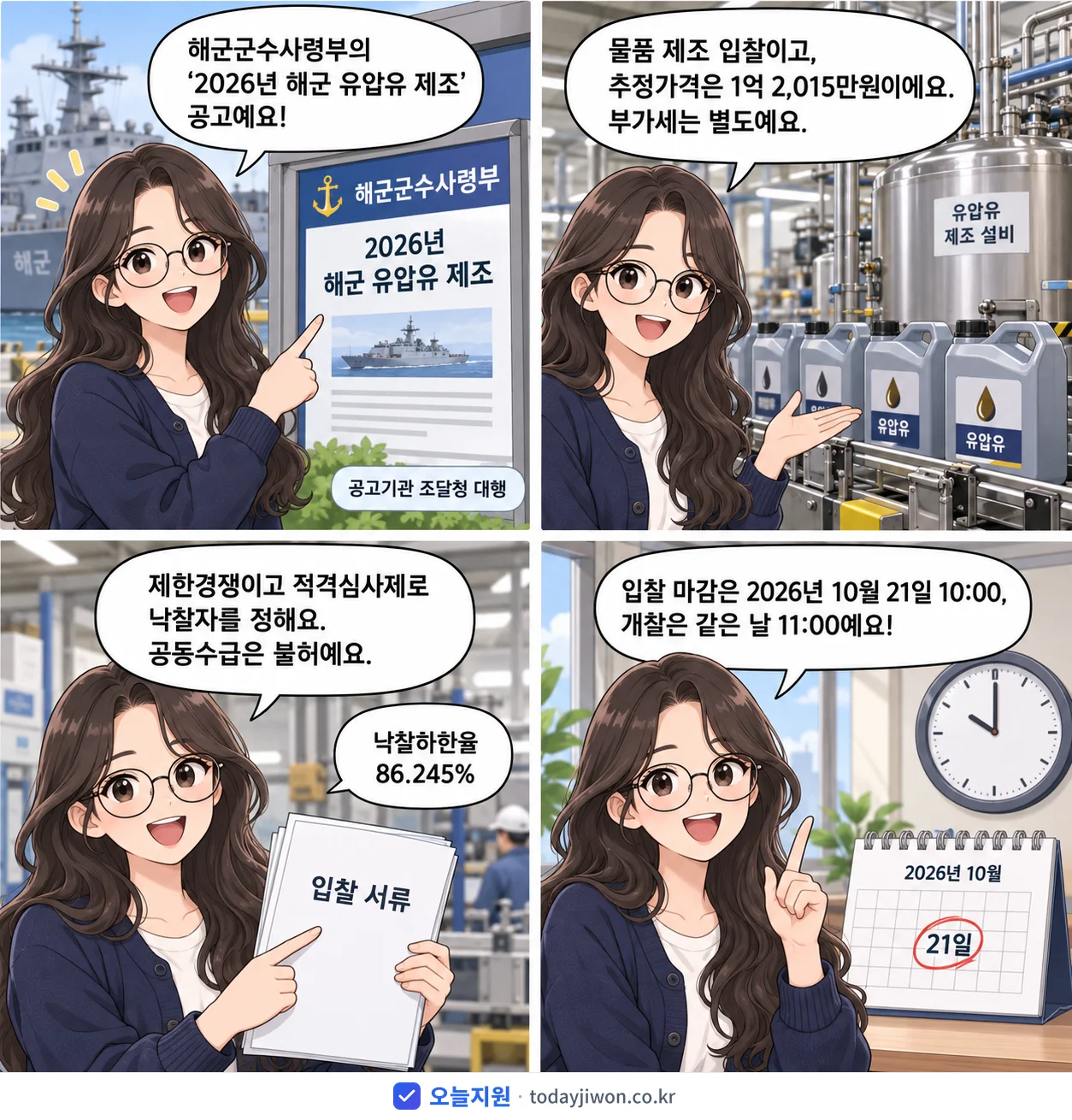 4컷 만화로 보는 공고: 해군군수사령부 '해군 유압유 제조', 추정가격 1억 2,015만원, 입찰 마감 10/21 10:00