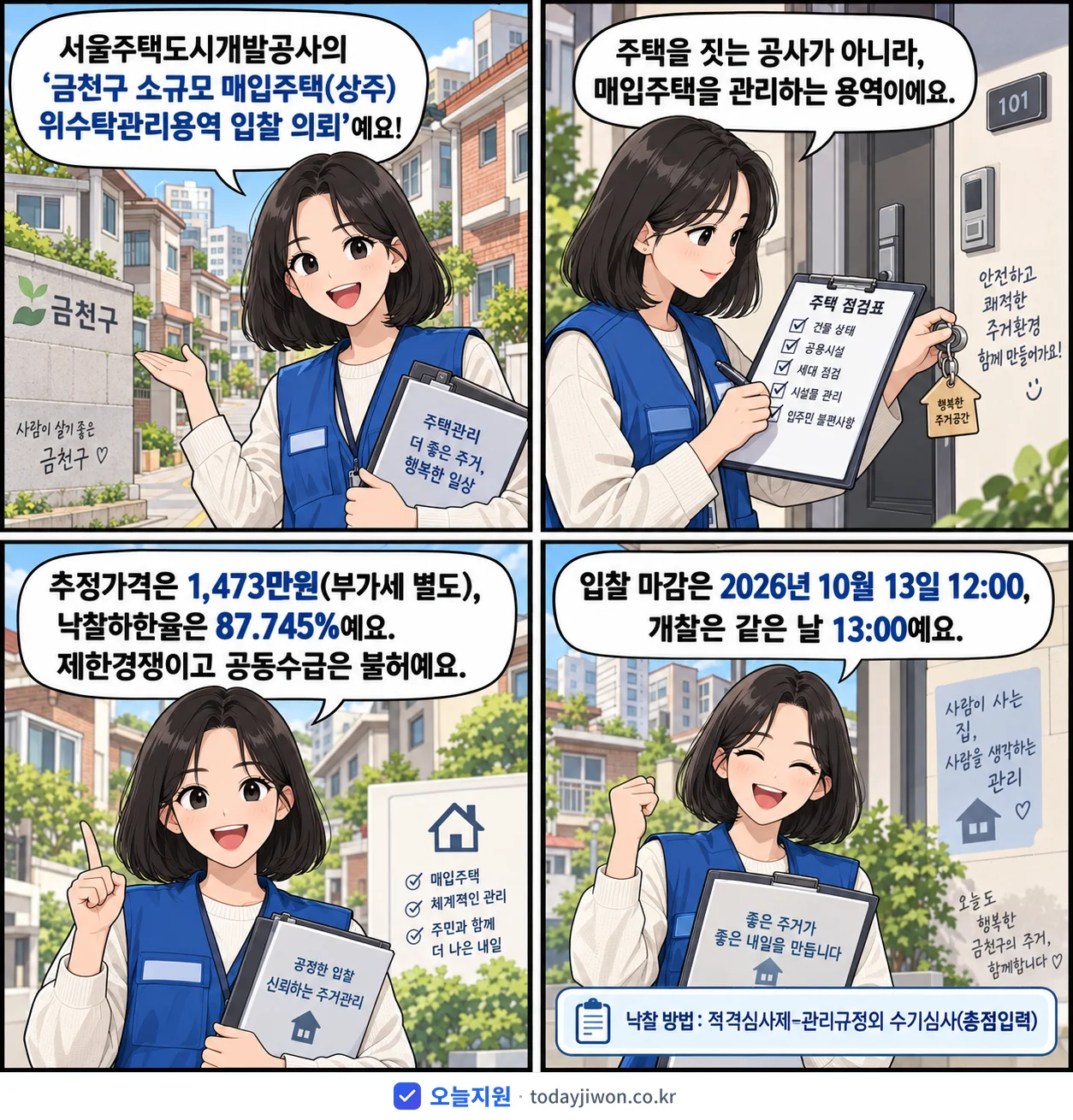 4컷 만화로 보는 공고: 서울주택도시개발공사 '금천구 소규모 매입주택(상주) 위수탁관리용역 입찰 의뢰', 추정가격 1,473만원, 입찰 마감 10/13 12:00