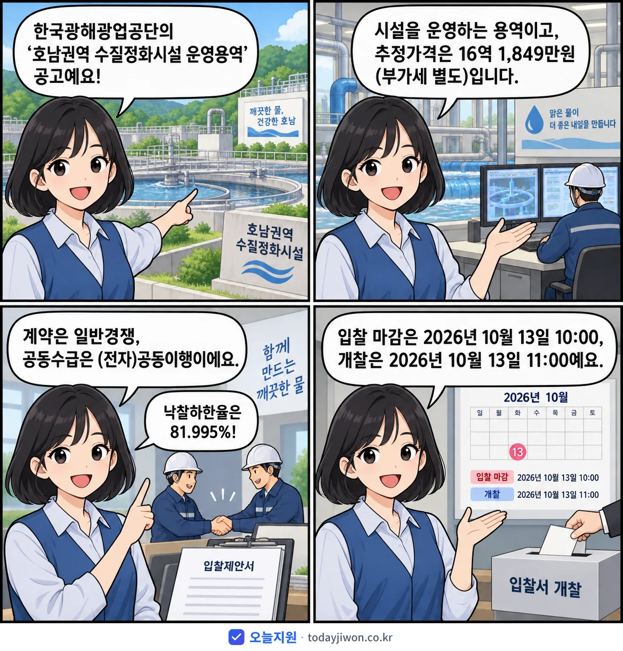4컷 만화로 보는 공고: 한국광해광업공단 '호남권역 수질정화시설 운영용역', 추정가격 16억 1,849만원, 입찰 마감 10/13 10:00